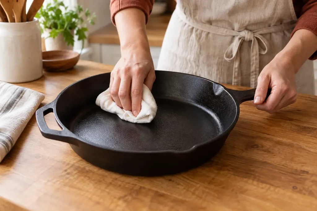 Buffing a cast-iron skillet with a lint-free cloth until the oil coat is almost invisible