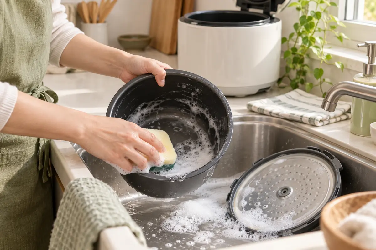 Removable rice cooker pot and inner lid being cleaned at a sink
