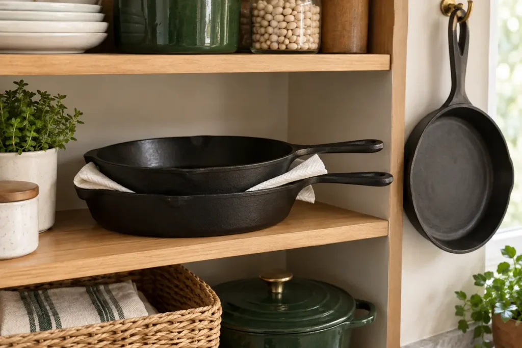 Dry cast-iron skillets stored with a paper towel between nested pans