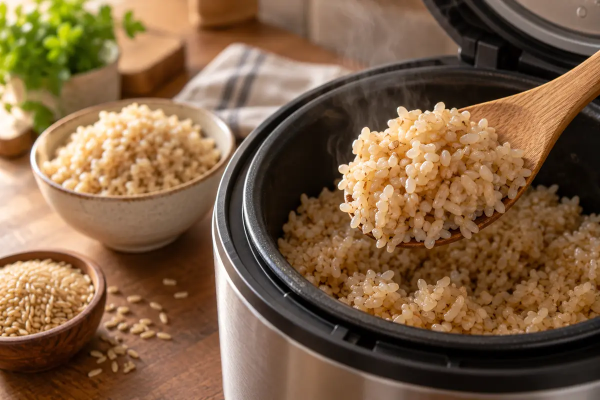 Fluffy brown rice being served from a rice cooker