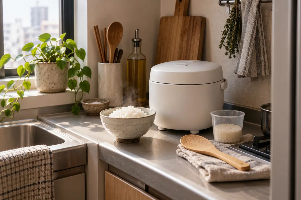 Compact rice cooker for one person in a small kitchen