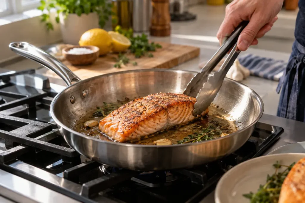 Salmon developing a golden crust in an uncoated silver skillet with a small amount of oil