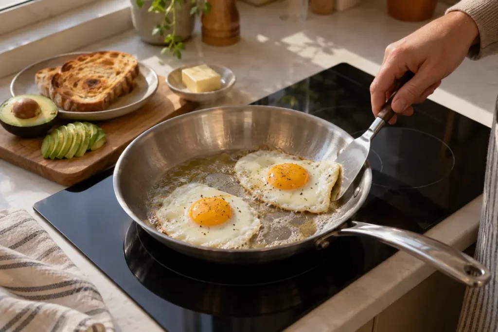 Two eggs cooking in a small uncoated silver pan on an induction cooktop