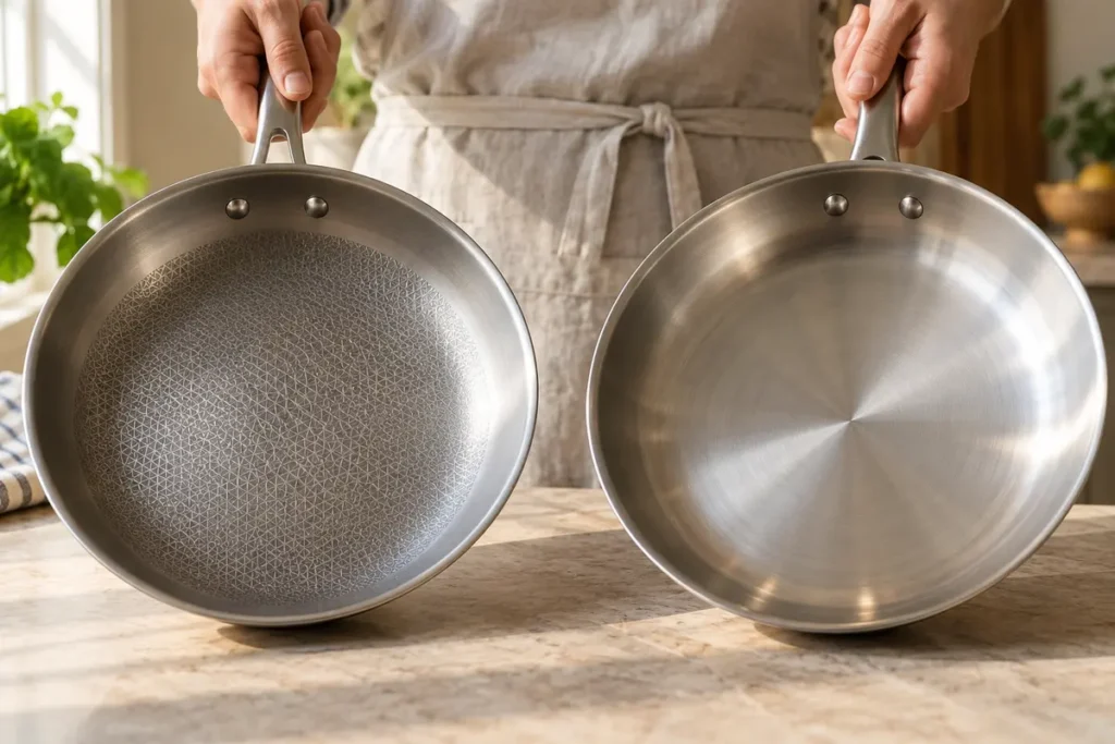Two uncoated silver pans showing textured and smooth bare-metal cooking surfaces side by side