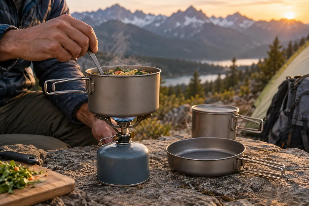 Compact metal camping cookware beside an outdoor stove