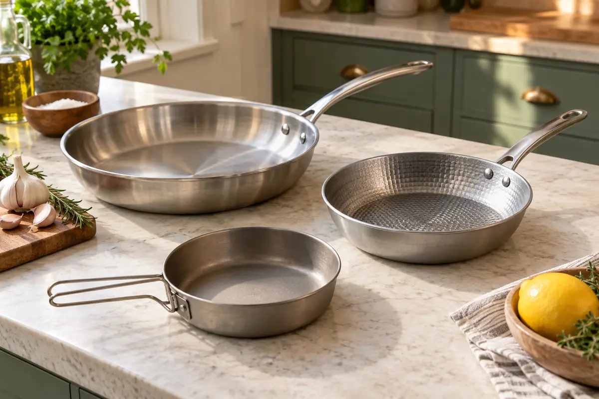 Three metal frying pans of different sizes arranged on a kitchen counter