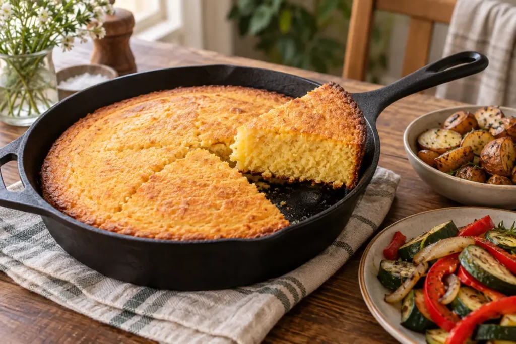 Golden cornbread and roasted vegetables served from a seasoned cast-iron skillet