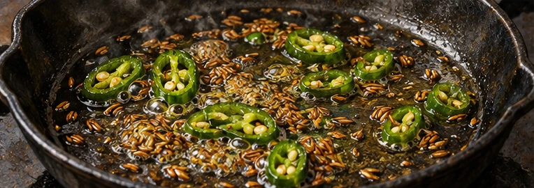 Whole cumin seeds and green chile slices in a skillet