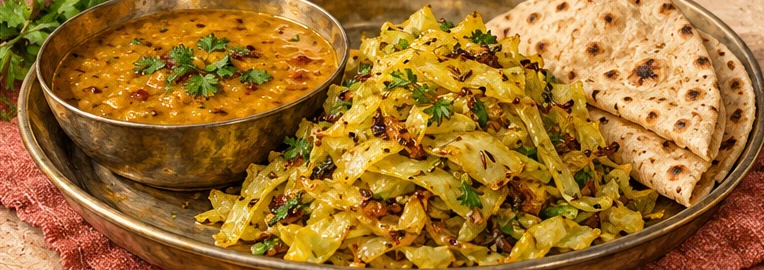 Cumin-spiced cabbage served with dal and roti