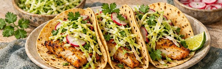 Tacos topped with shredded green cabbage and lime