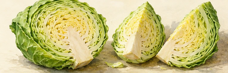 A half head and two quarters of green cabbage