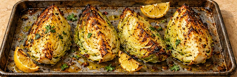 Four golden cabbage wedges on a sheet pan with lemon
