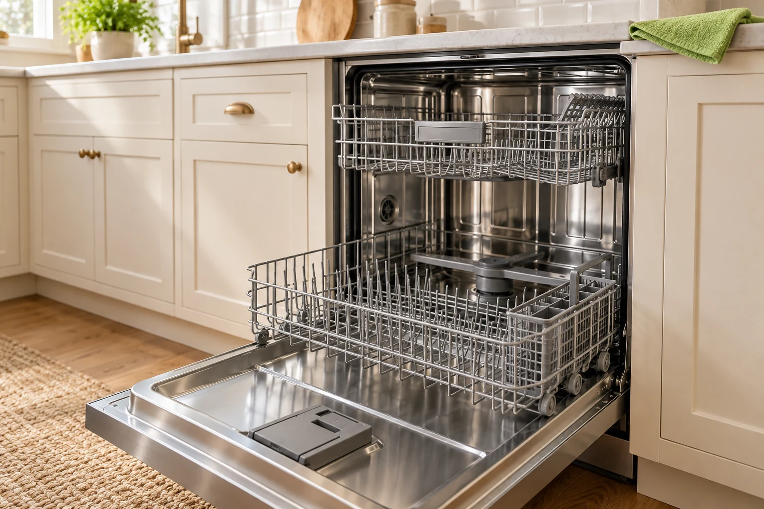 Clean open dishwasher showing empty racks and lower spray arm