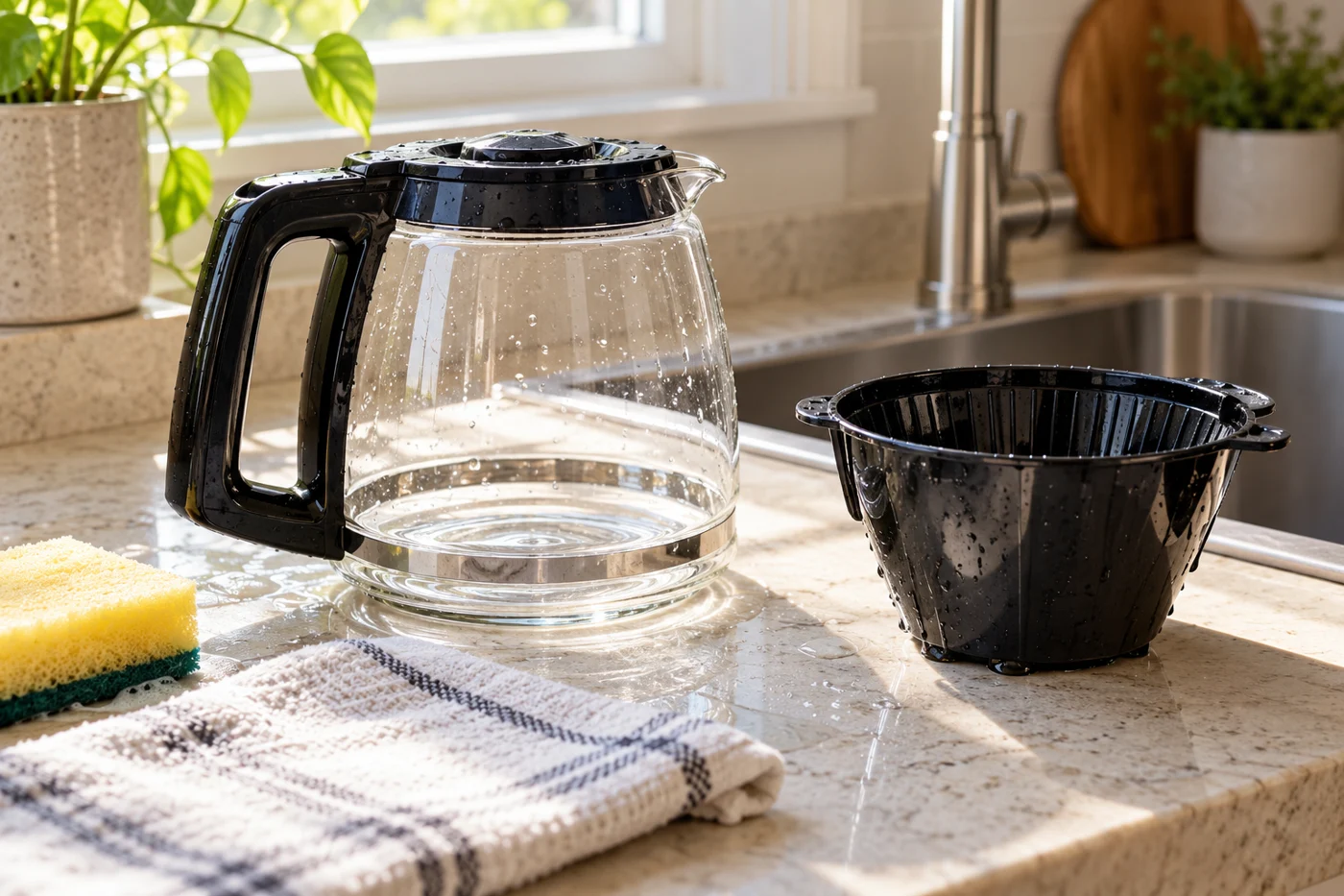 Clean glass coffee carafe and removable brew basket beside a kitchen sink