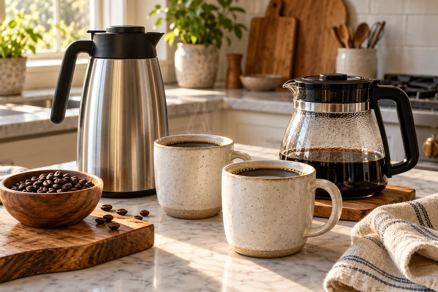 Coffee mugs beside thermal and glass carafes on a sunny kitchen counter