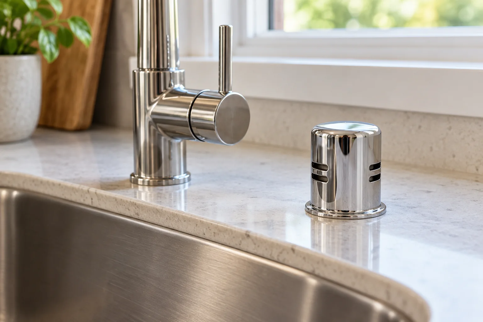 Chrome dishwasher air gap beside a kitchen faucet