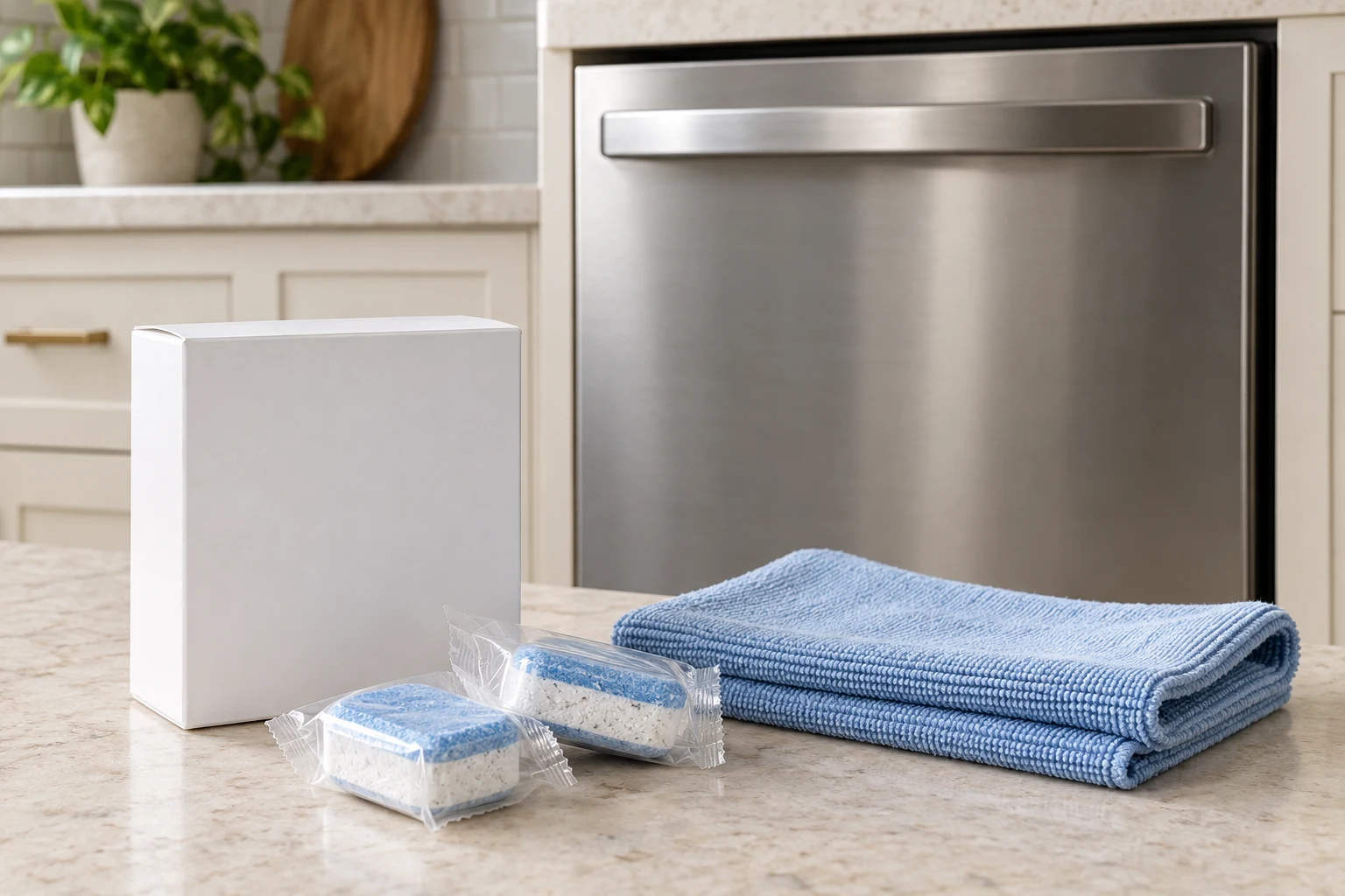 Unbranded cleaning-product packaging and microfiber cloth beside a dishwasher