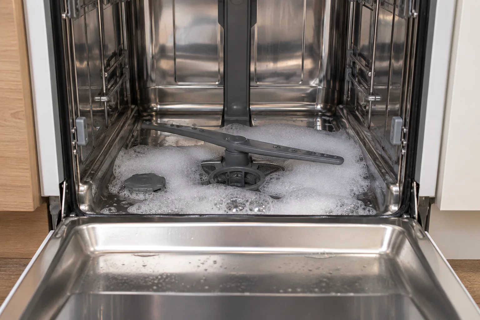 Excess soap suds around the bottom of an open dishwasher