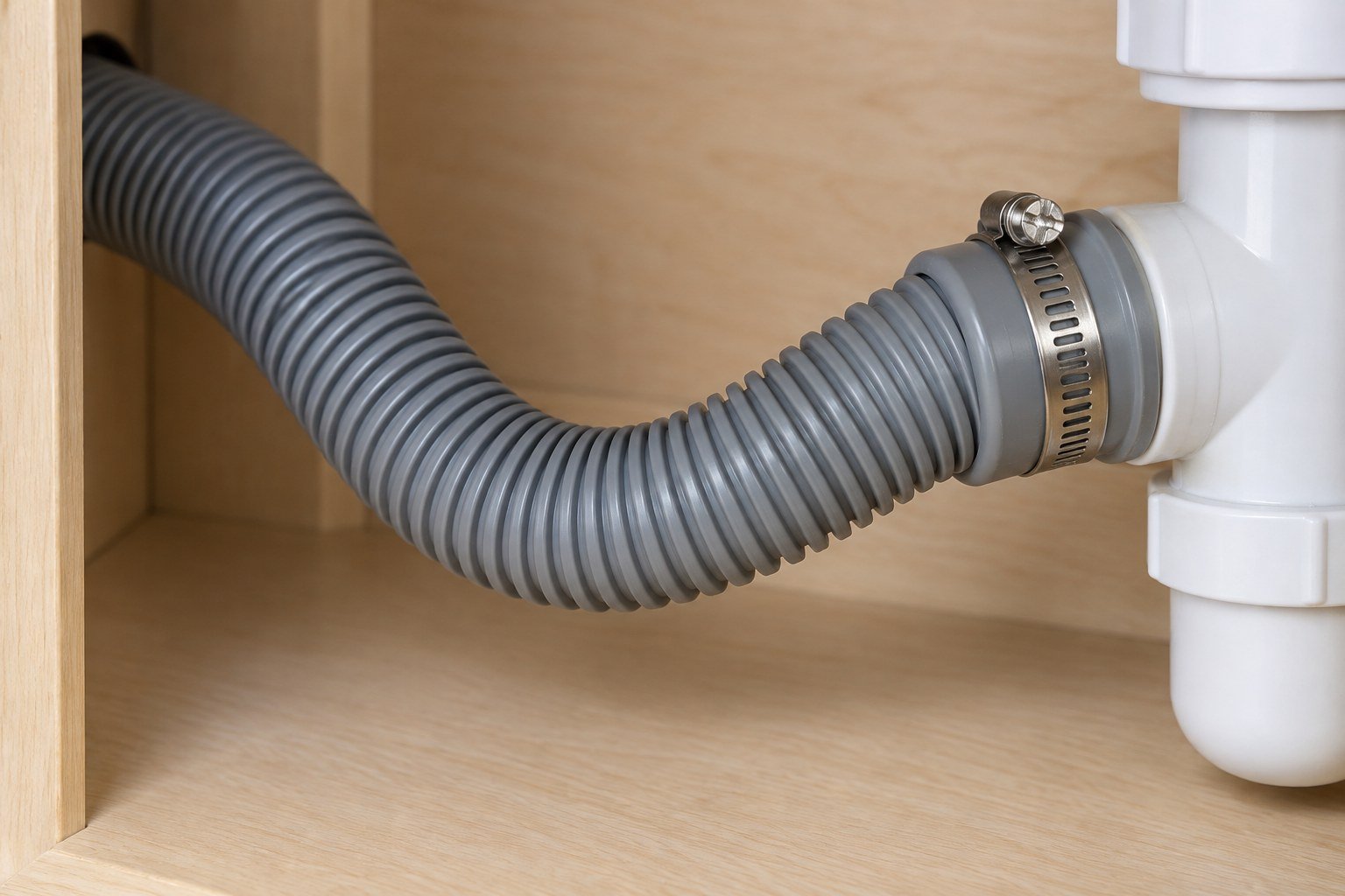 Close view of a corrugated drain hose and clamp under a sink