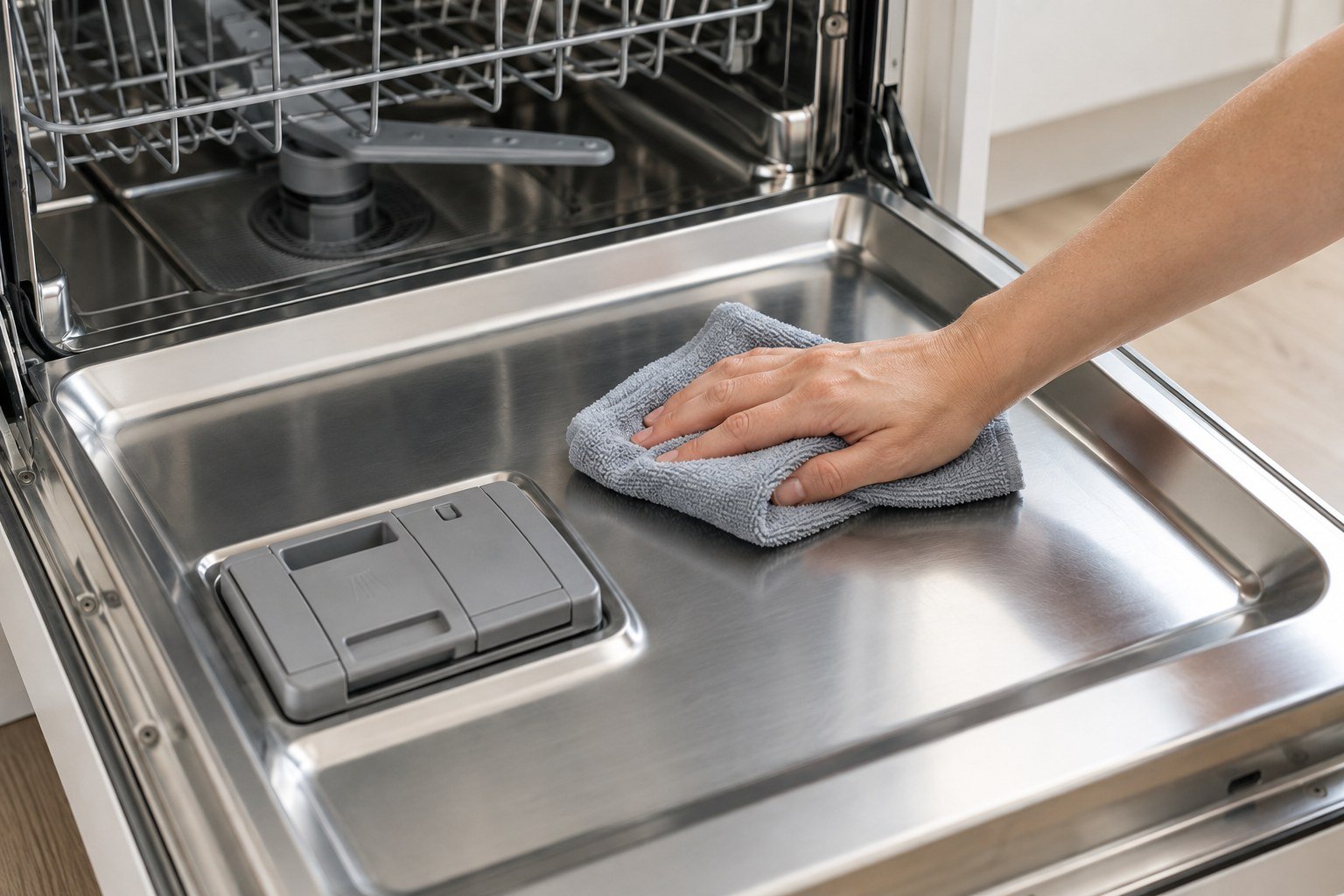 Soft cloth wiping the stainless steel inner door of an open dishwasher