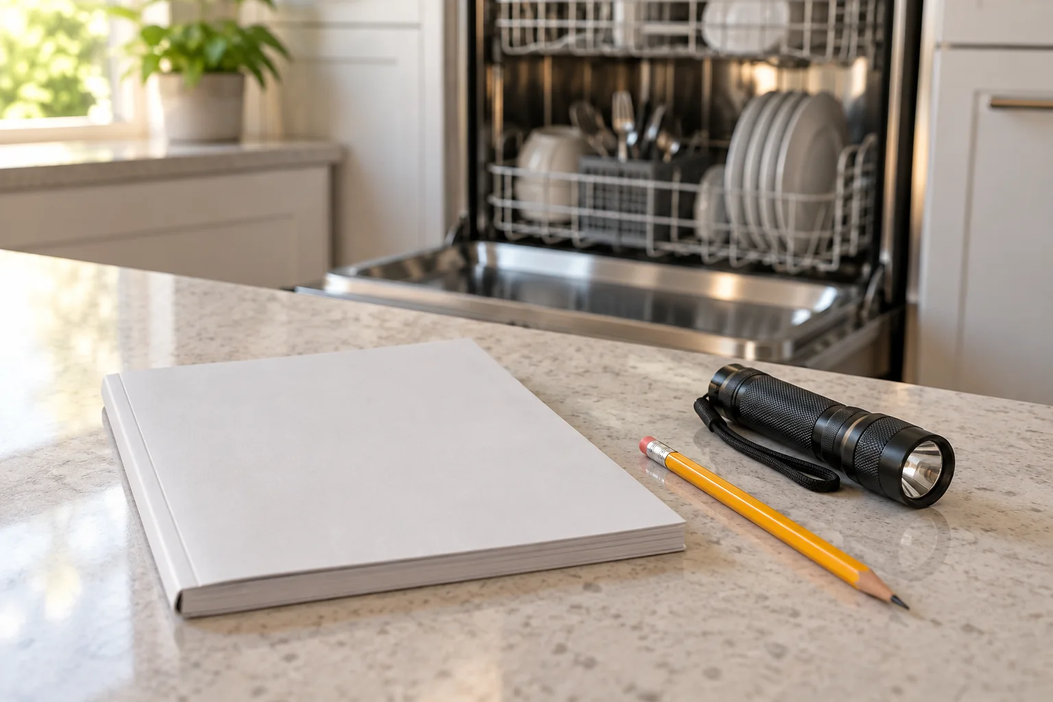 Appliance manual, pencil and flashlight on a kitchen counter