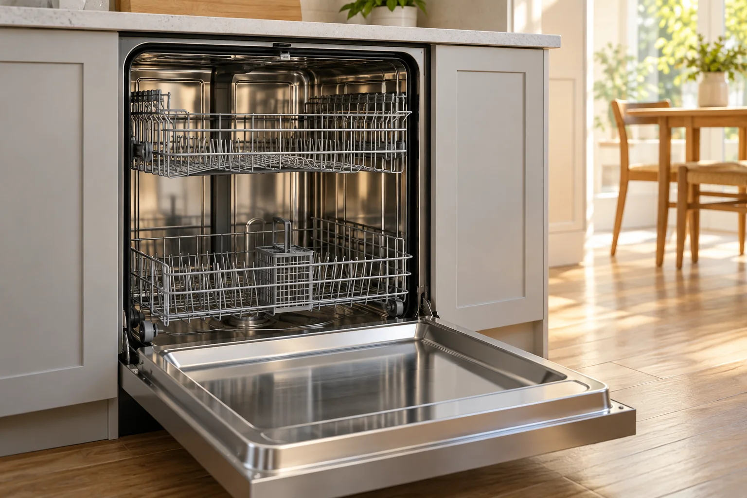 Open stainless steel dishwasher in a bright kitchen, illustrating drainage troubleshooting