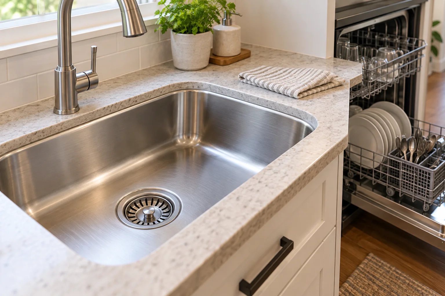 Kitchen sink drain beside a built-in dishwasher