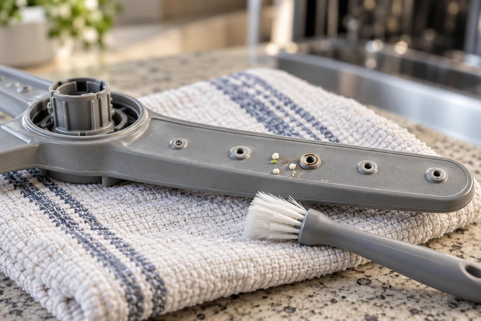 Close-up of dishwasher spray-arm jet openings and a soft cleaning brush