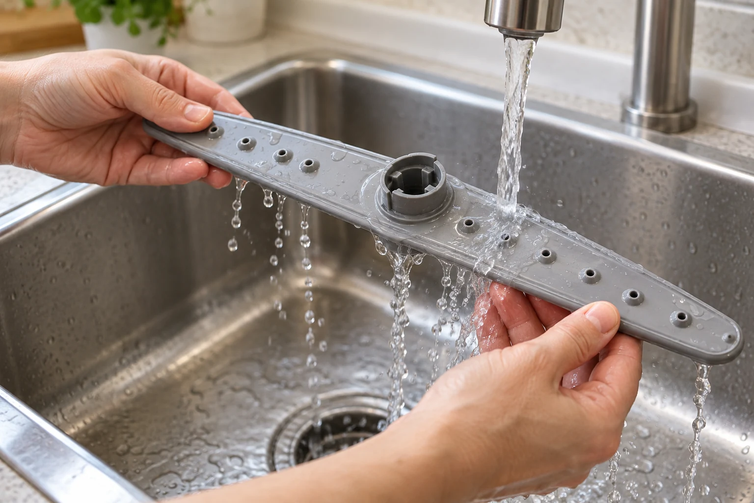 Detached grey dishwasher spray arm being rinsed under a kitchen faucet