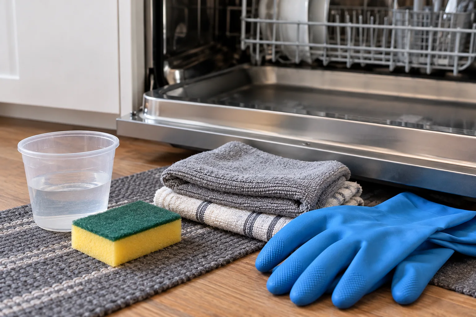 Cup, sponge, towels and gloves beside an open dishwasher