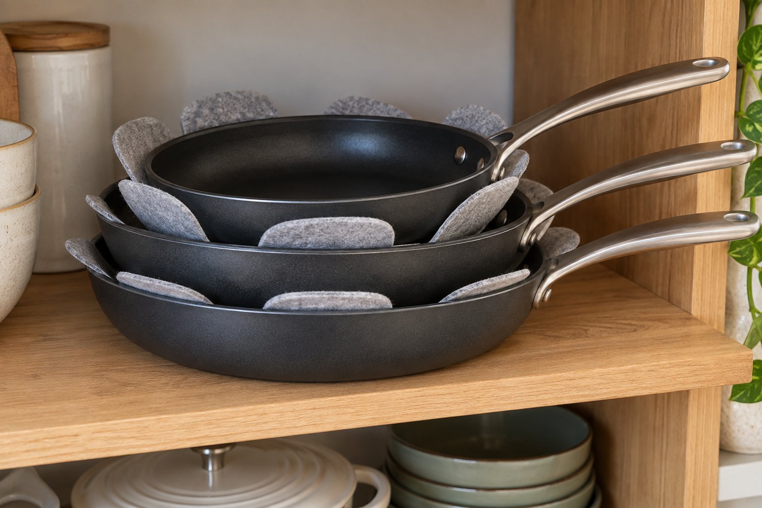 Stacked frying pans separated by protective pads