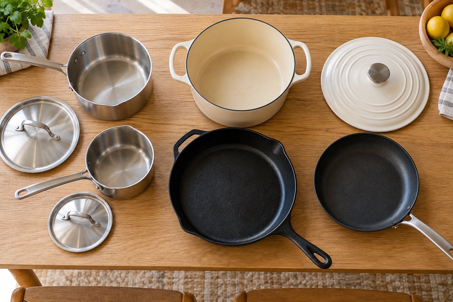 Pots, frying pans and lids arranged on a kitchen counter