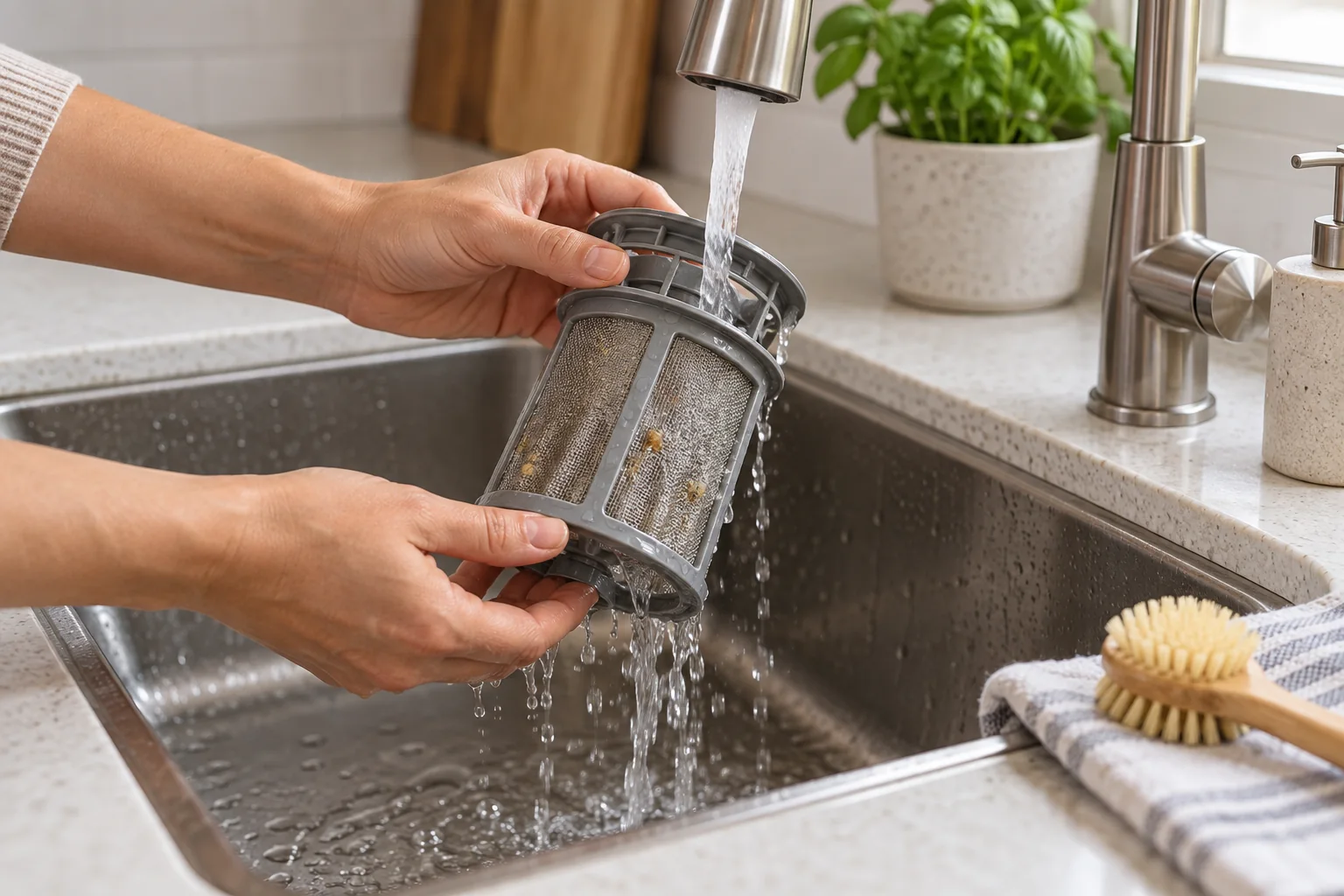 Dishwasher mesh filter being rinsed under a kitchen faucet