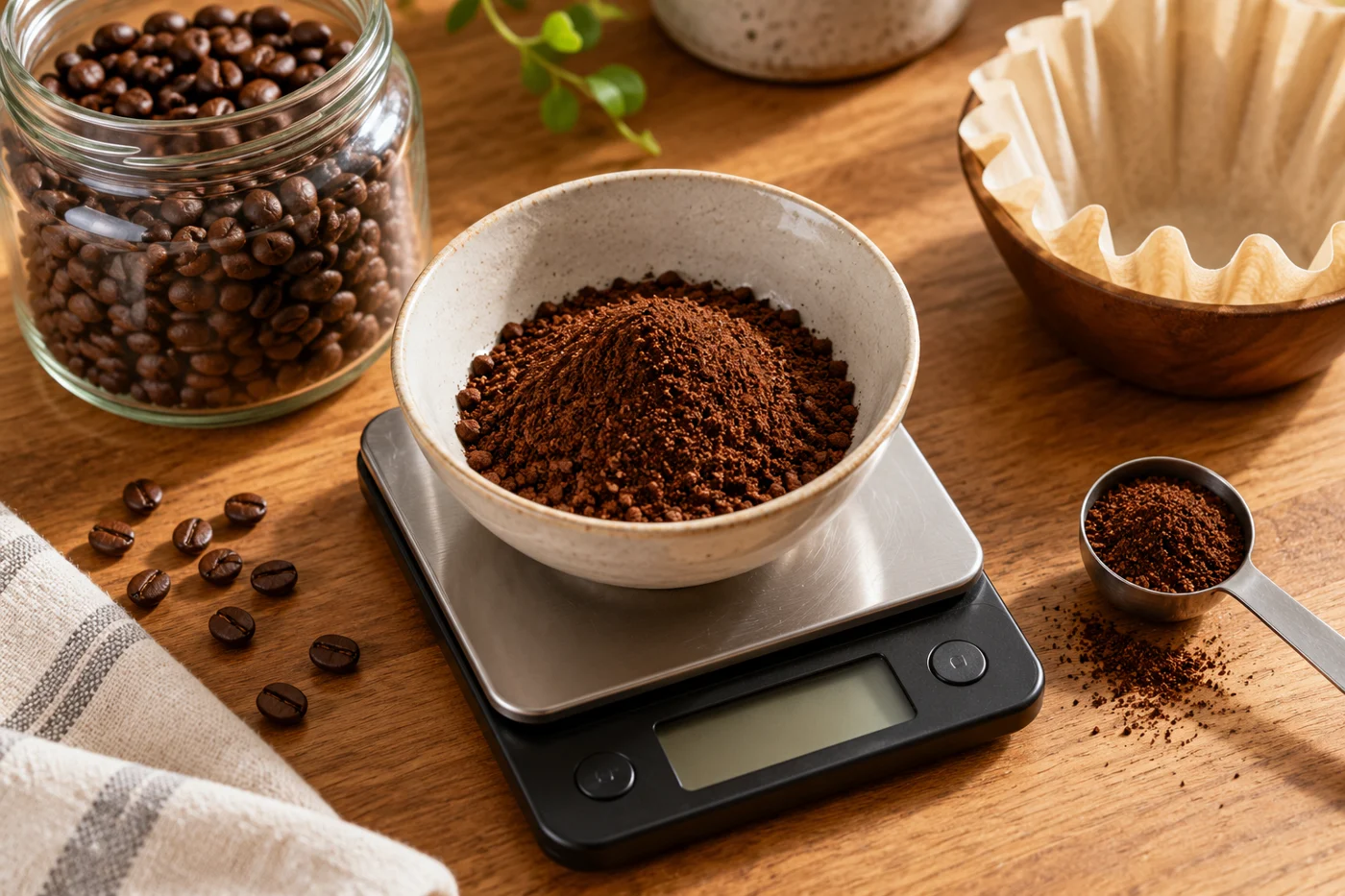 Ground coffee in a bowl on a digital scale beside beans and paper filters